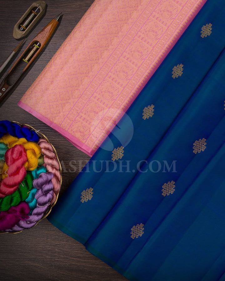 Peacock Blue & Baby Pink Traditional Borderless Kanjivaram Silk Saree-L3