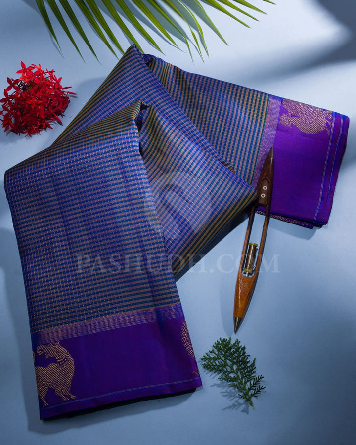 Beige-Blue Dual Shaded & Violet Kanjivaram Silk Saree-I13