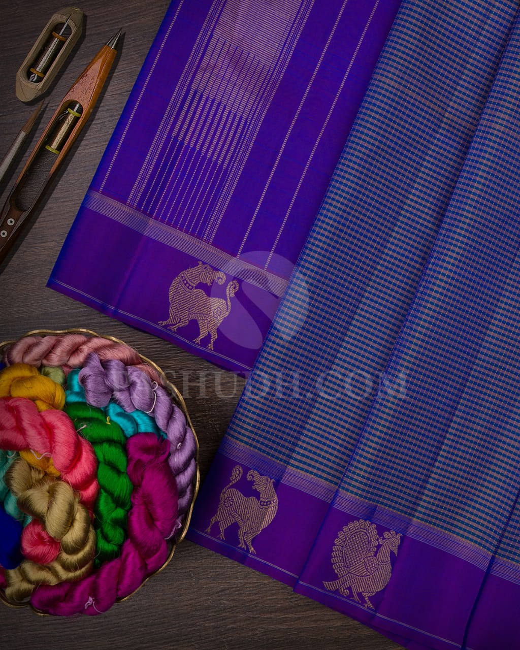 Beige-Blue Dual Shaded & Violet Kanjivaram Silk Saree-I13