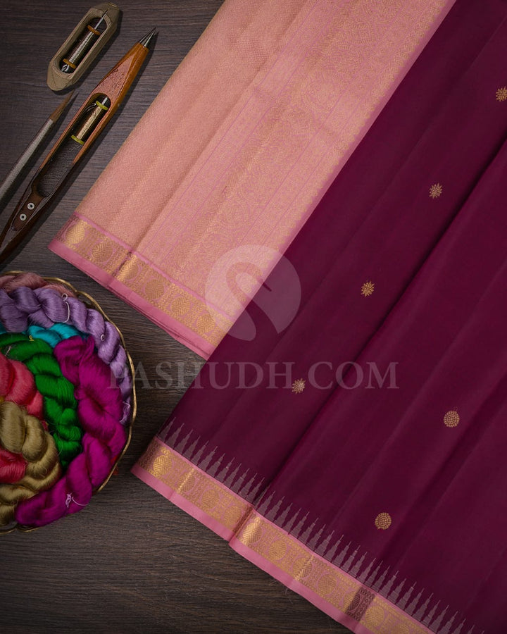 Wine & Baby Pink Kanjivaram Silk Saree-B16