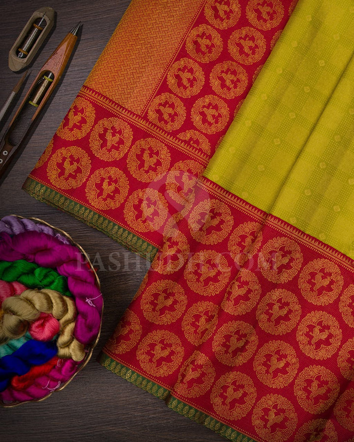 Pear Green & Red Kanjivaram Silk Saree-S1411(B)