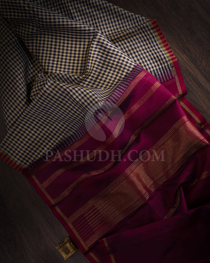 Cream,Black & Maroon Kanjivaram Silk Saree-I10