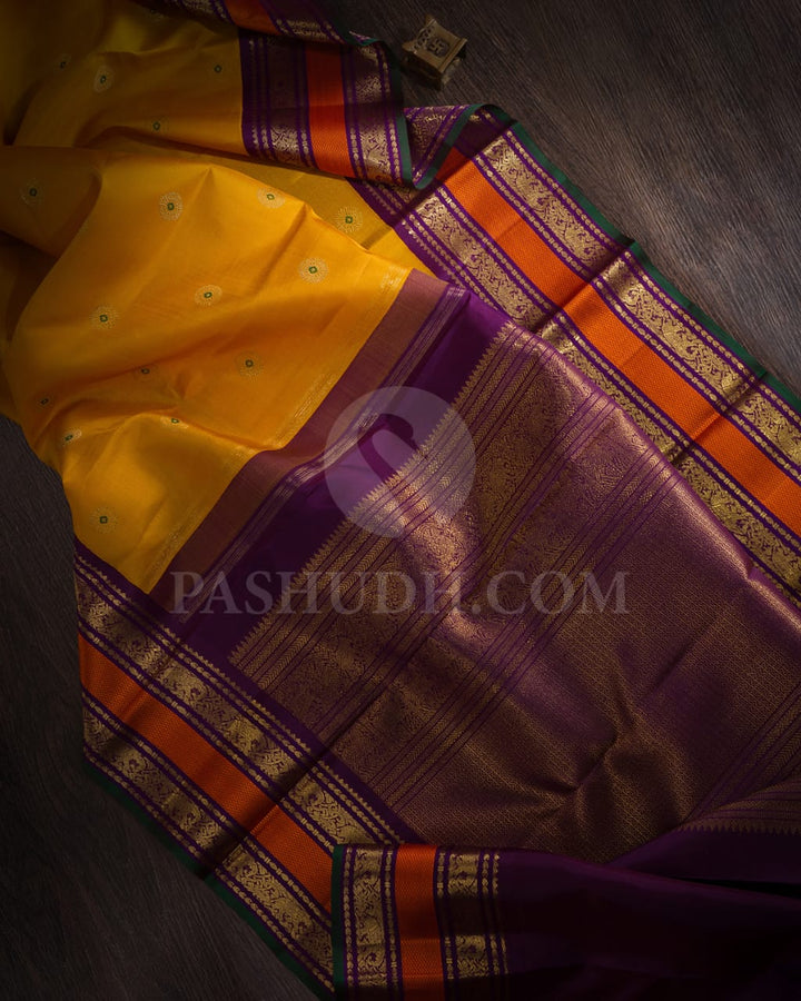 Mango Yellow & Violet Kanjivaram Silk Saree-A6
