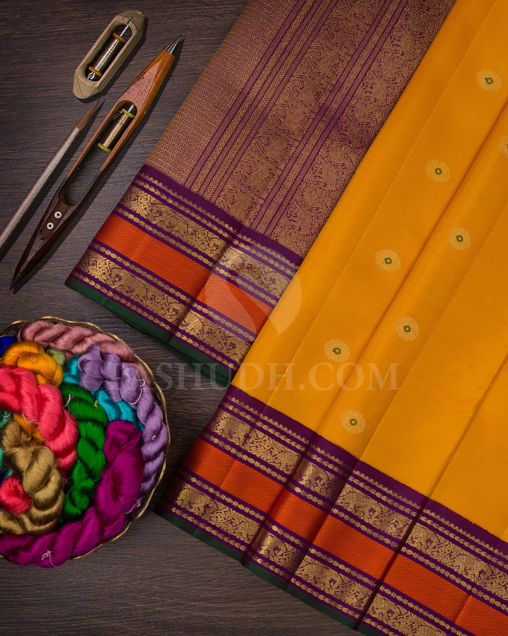 Mango Yellow & Violet Kanjivaram Silk Saree-A6