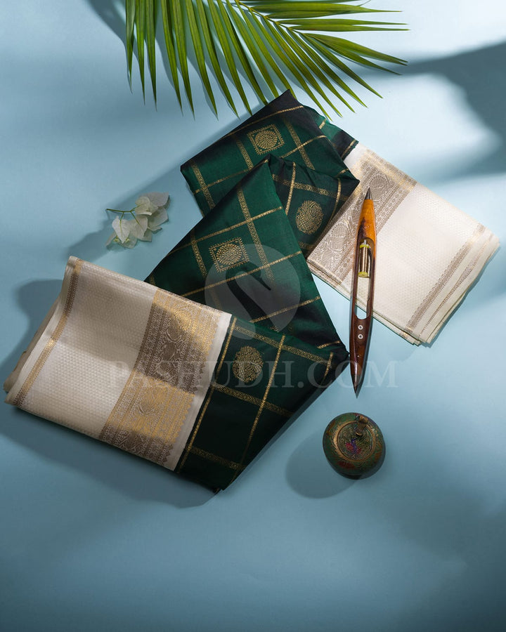 Bottle Green & Cream Kanjivaram Silk Saree-H11
