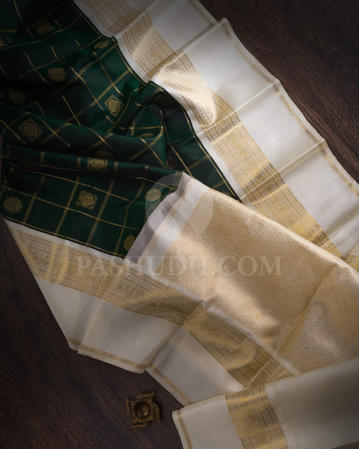 Bottle Green & Cream Kanjivaram Silk Saree-H11
