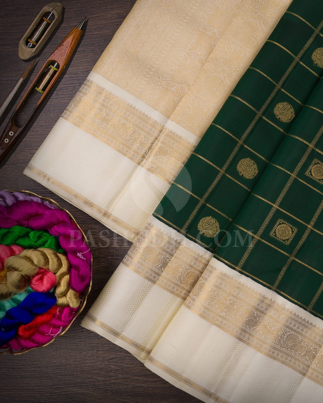 Bottle Green & Cream Kanjivaram Silk Saree-H11