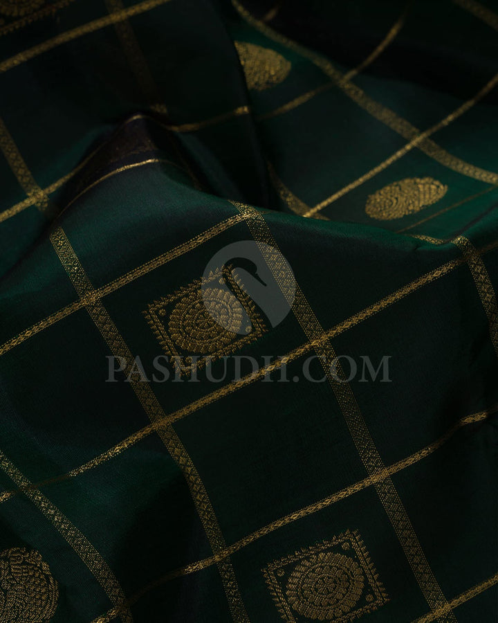 Bottle Green & Cream Kanjivaram Silk Saree-H11