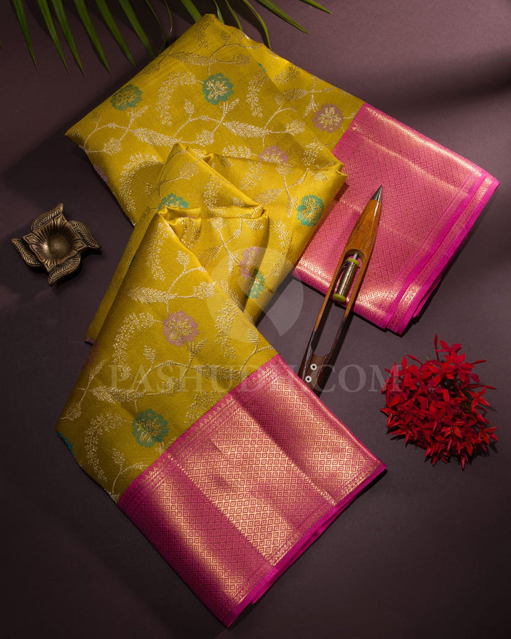 Mustard Yellow & Bright Pink Kanjivaram Silk Saree-S1244(B)