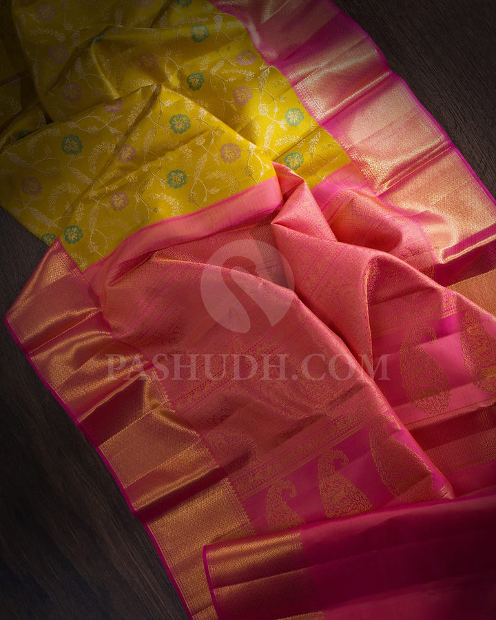 Mustard Yellow & Bright Pink Kanjivaram Silk Saree-S1244(B)