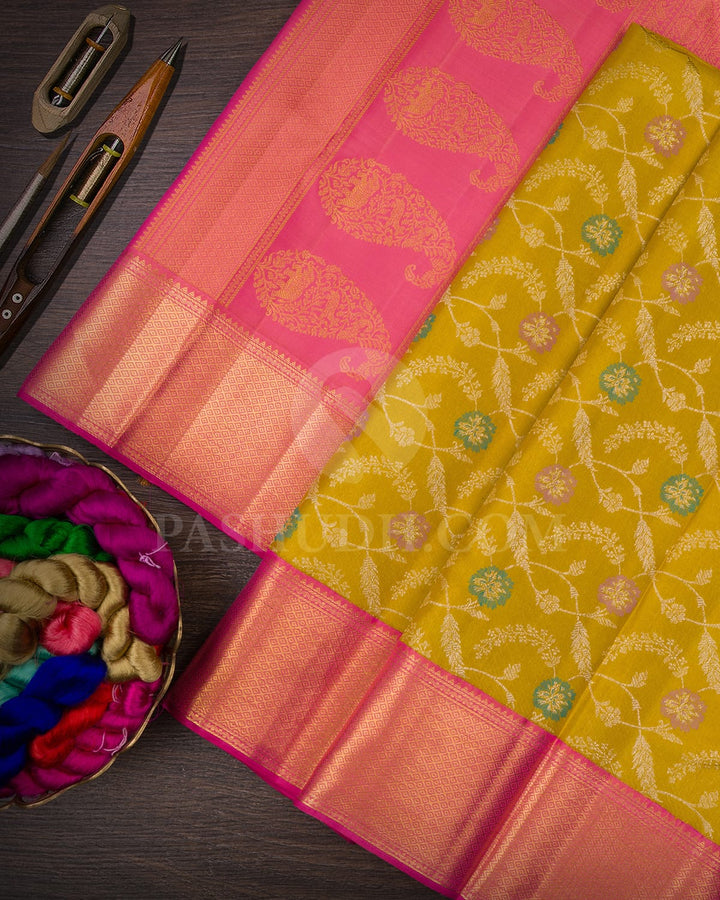 Mustard Yellow & Bright Pink Kanjivaram Silk Saree-S1244(B)