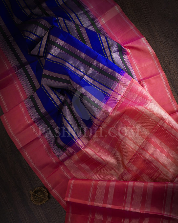 Royal Blue, Dark Green & Watermelon Pink Kanjivaram Silk Saree-AK19