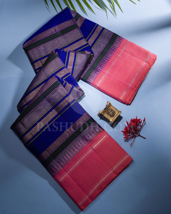 Royal Blue, Dark Green & Watermelon Pink Kanjivaram Silk Saree-AK19