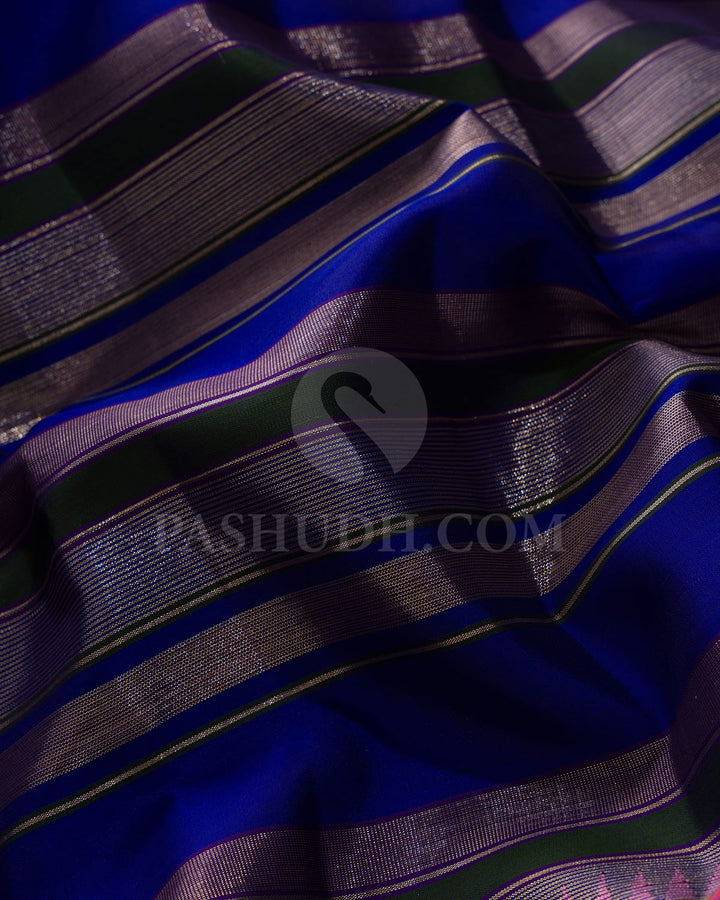 Royal Blue, Dark Green & Watermelon Pink Kanjivaram Silk Saree-AK19