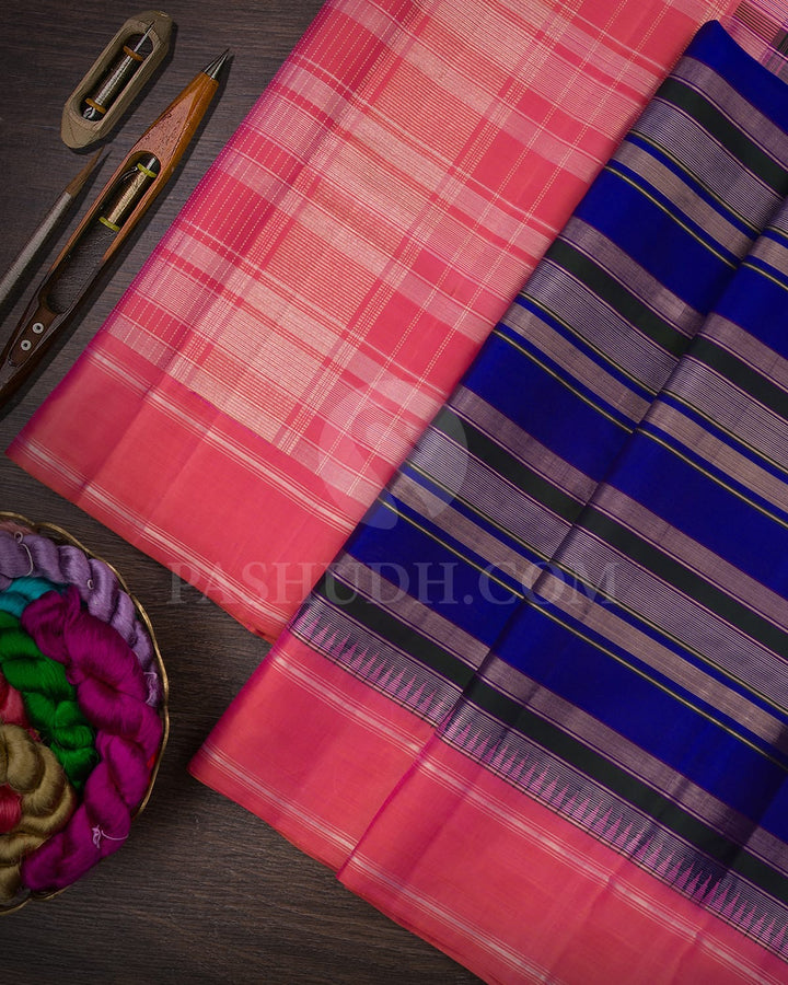 Royal Blue, Dark Green & Watermelon Pink Kanjivaram Silk Saree-AK19