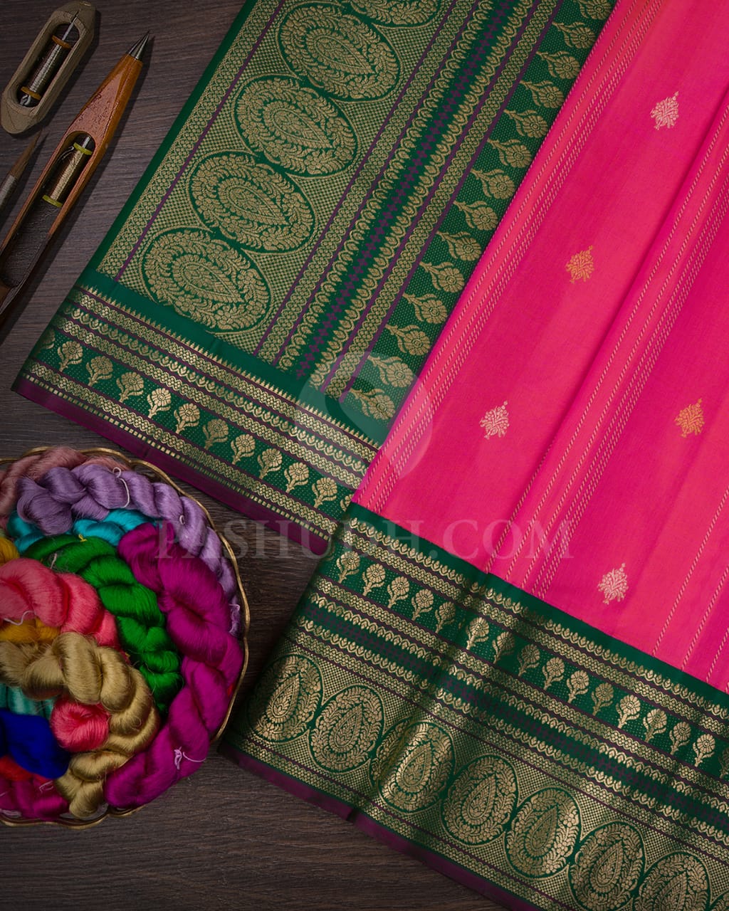 Dual Shaded Candy Pink & Forest Green Kanjivaram Silk Saree-S1432(B)