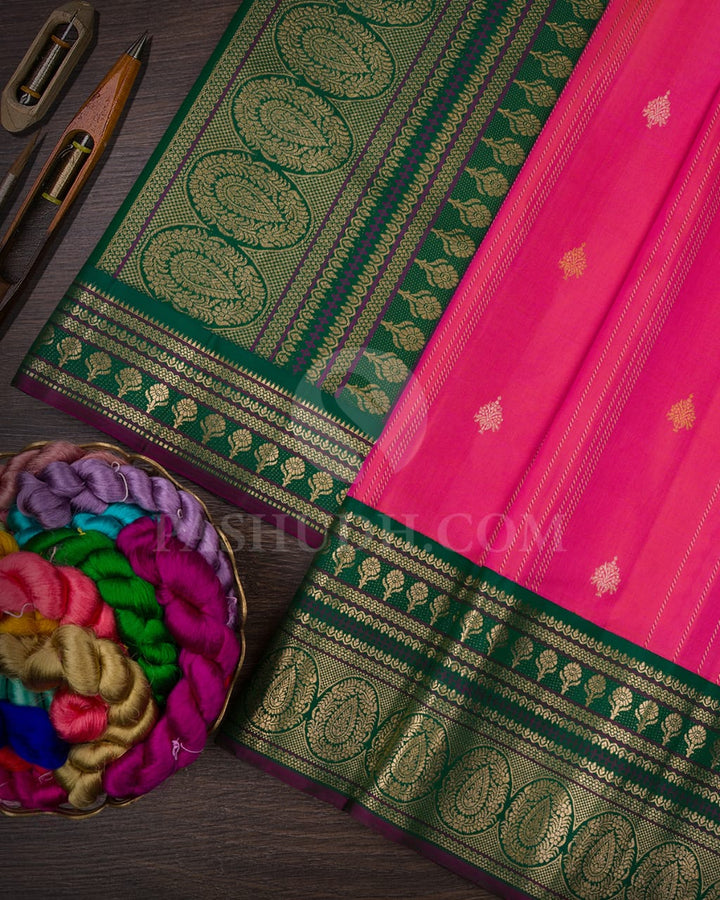 Dual Shaded Candy Pink & Forest Green Kanjivaram Silk Saree-S1432(B)