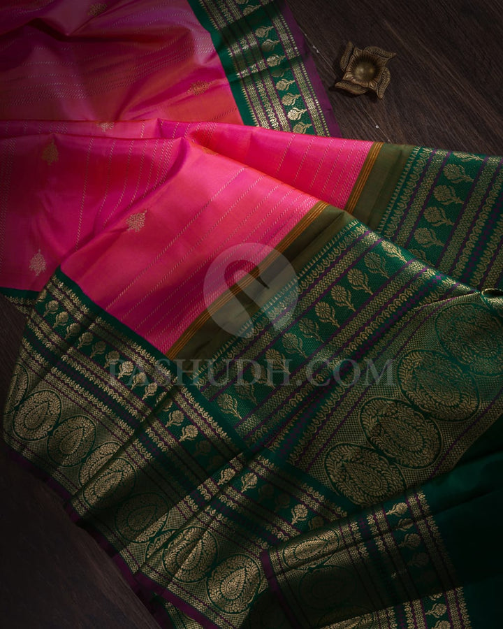Dual Shaded Candy Pink & Forest Green Kanjivaram Silk Saree-S1432(B)