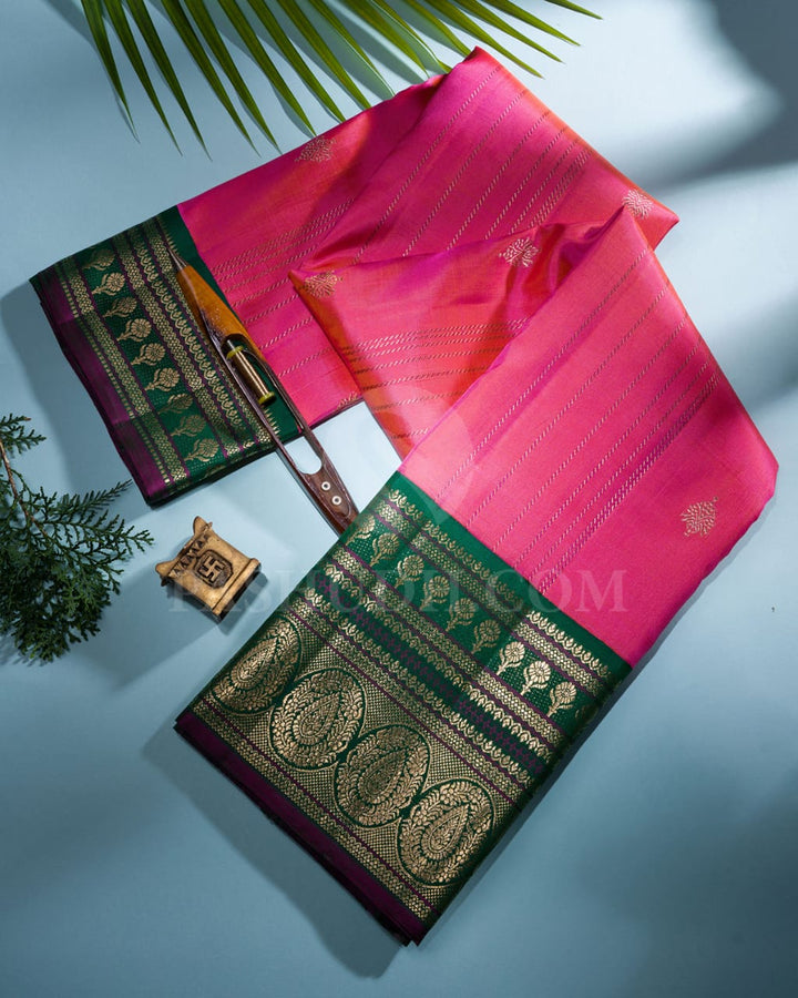 Dual Shaded Candy Pink & Forest Green Kanjivaram Silk Saree-S1432(B)