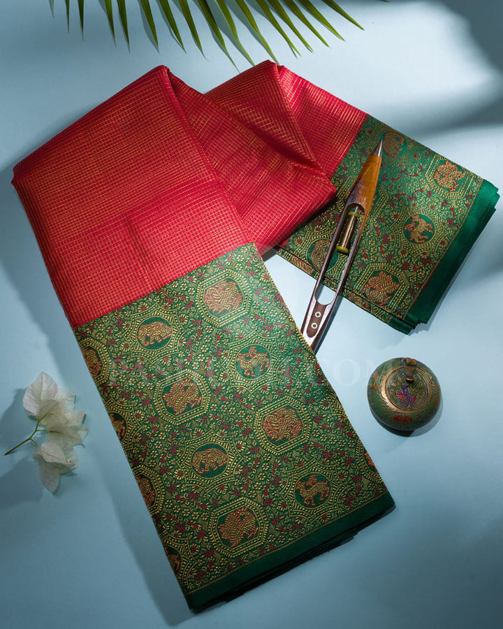 Red & Dark Green Vairaoosi Bridal Pure Zari Kanjivaram Silk Saree-P176(A)