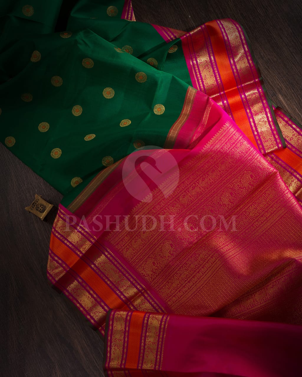 Dark Green & Rani Pink Kanjivaram Silk Saree-A7