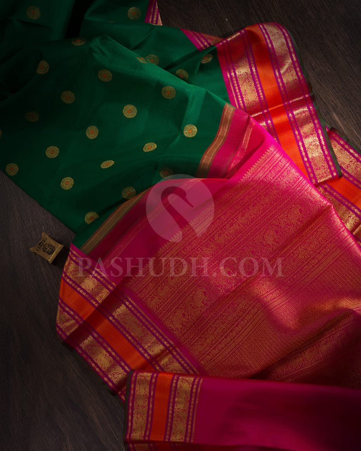 Dark Green & Rani Pink Kanjivaram Silk Saree-A7
