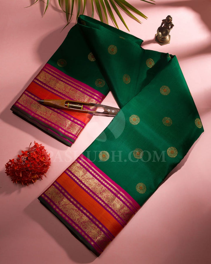 Dark Green & Rani Pink Kanjivaram Silk Saree-A7