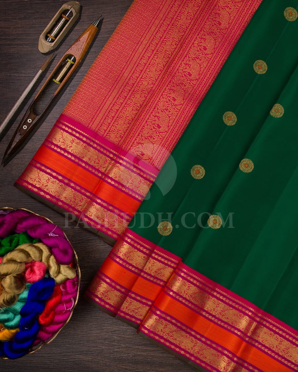 Dark Green & Rani Pink Kanjivaram Silk Saree-A7