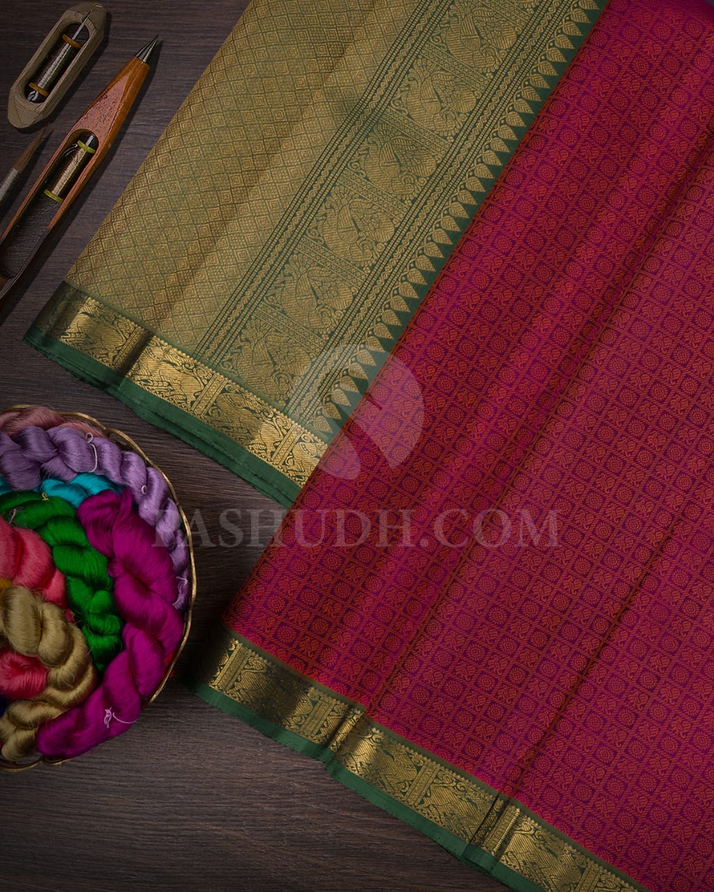 Violet,Beige & Sage Green Kanjivaram Silk Saree-I6