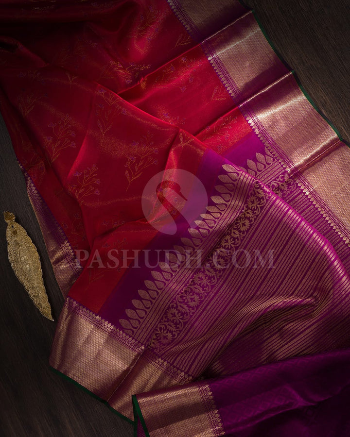 Red,Magenta & Dark Green Kanjivaram Silk Saree-D532(C)