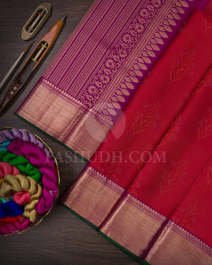 Red,Magenta & Dark Green Kanjivaram Silk Saree-D532(C)