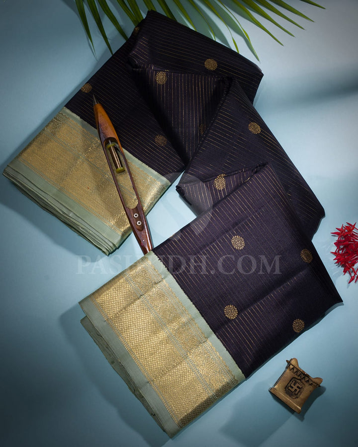 Black And Sage Green Kanjivaram Silk Saree-B14