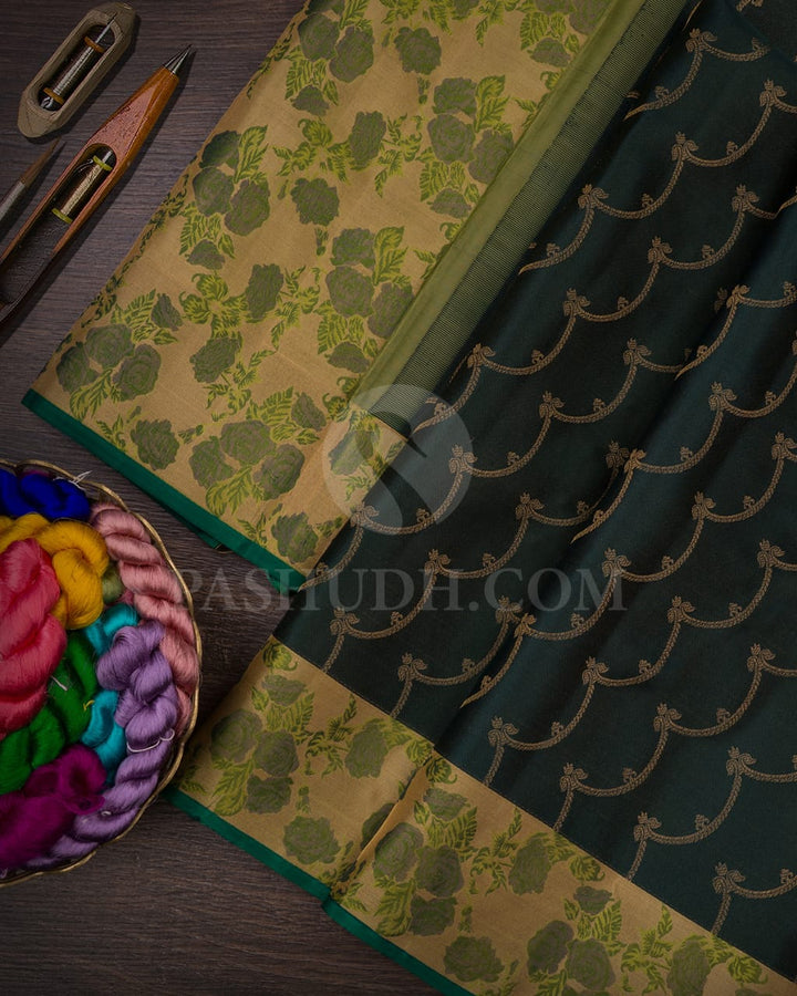 Bottle Green & Sapphire Green Kanjivaram Silk Saree-DJ351(F)