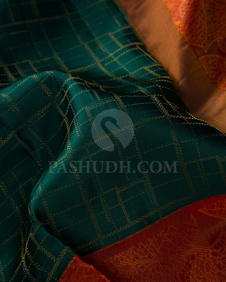 Dark Green & Sunset Orange Kanjivaram Silk Saree-D615(B)