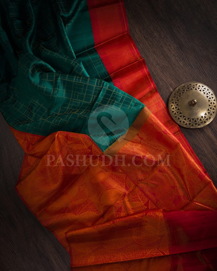 Dark Green & Sunset Orange Kanjivaram Silk Saree-D615(B)