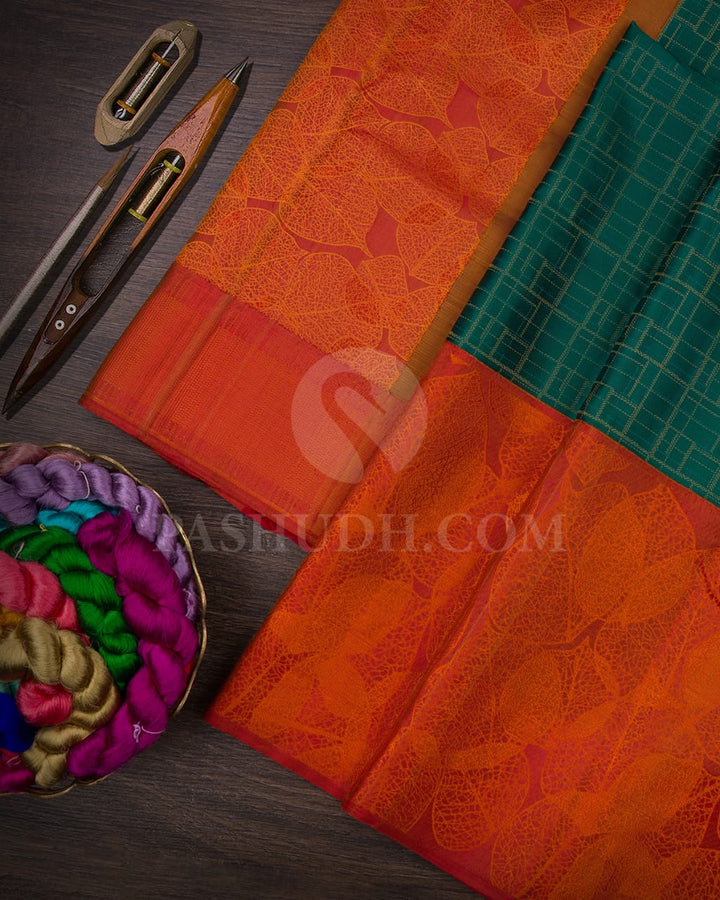 Dark Green & Sunset Orange Kanjivaram Silk Saree-D615(B)