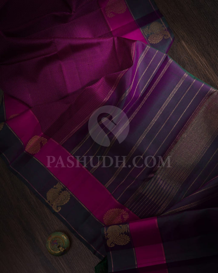 Magenta, Rani Pink & Dark Green Kanjivaram Silk Saree-I5