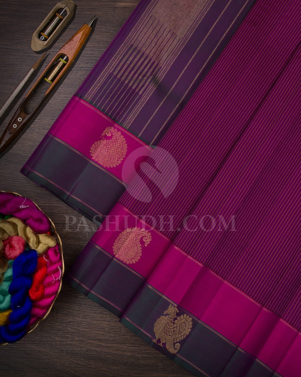 Magenta, Rani Pink & Dark Green Kanjivaram Silk Saree-I5