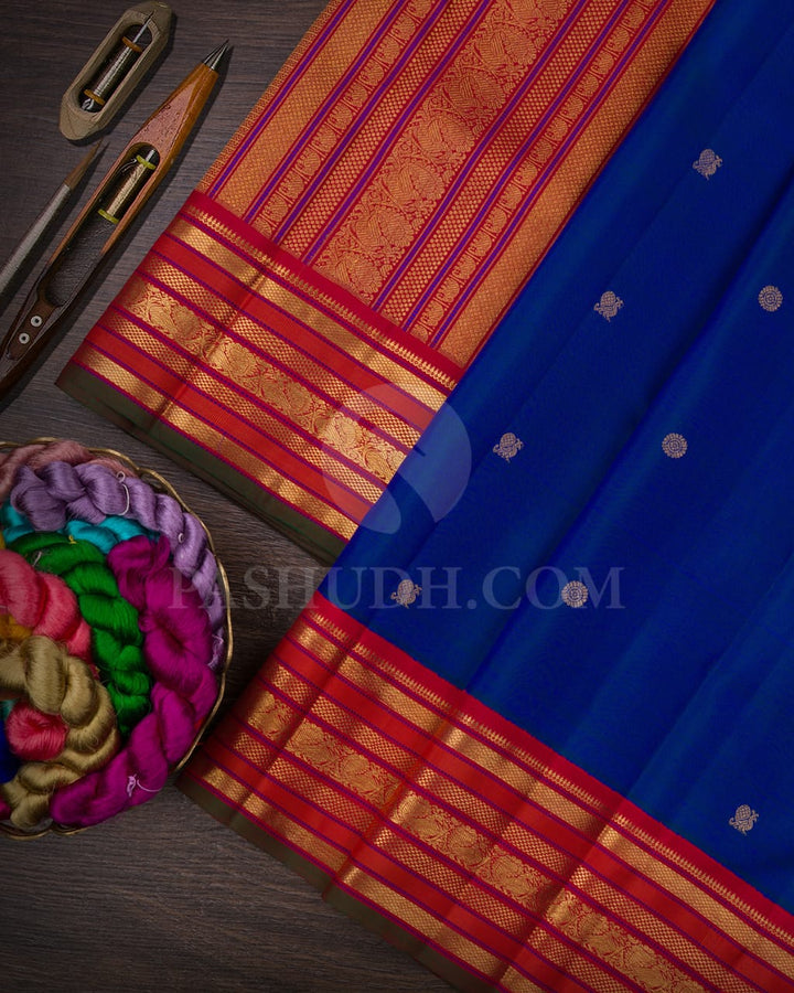 Cobalt Blue & Burnt Orange Kanjivaram Silk Saree-A9