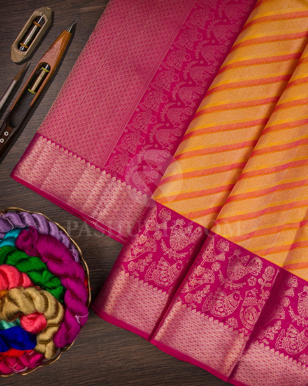 Yellow & Rani Pink Kanjivaram Silk Saree-DT291(C)