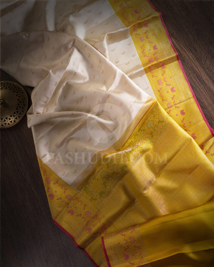 Ivory & Mustard Yellow Kanjivaram Silk Saree-DJ358(B)