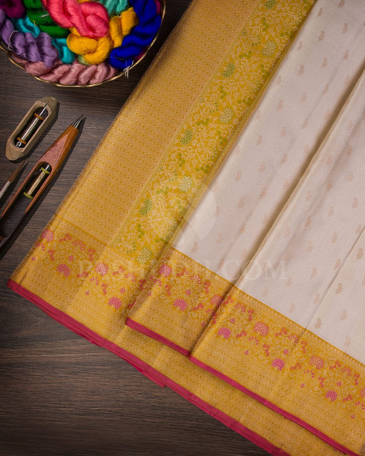 Ivory & Mustard Yellow Kanjivaram Silk Saree-DJ358(B)