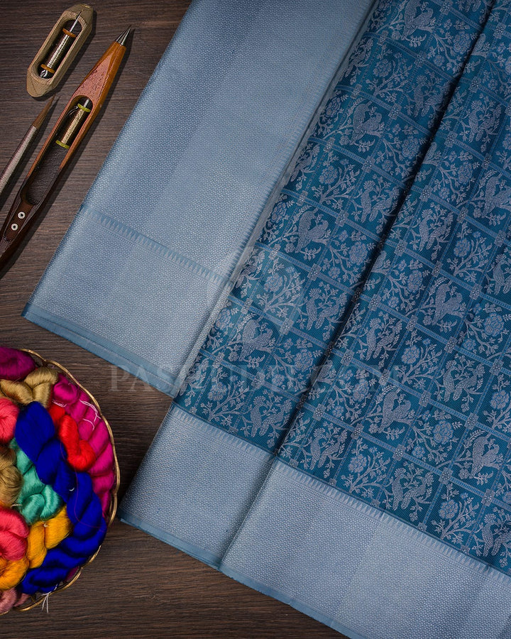 Cobalt Blue With Powder Blue Kanjivaram Silk Saree-DT278(C)