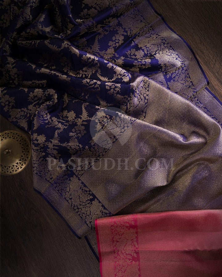Dark Blue & Watermelon Pink Kanjivaram Silk Saree-D594(D)