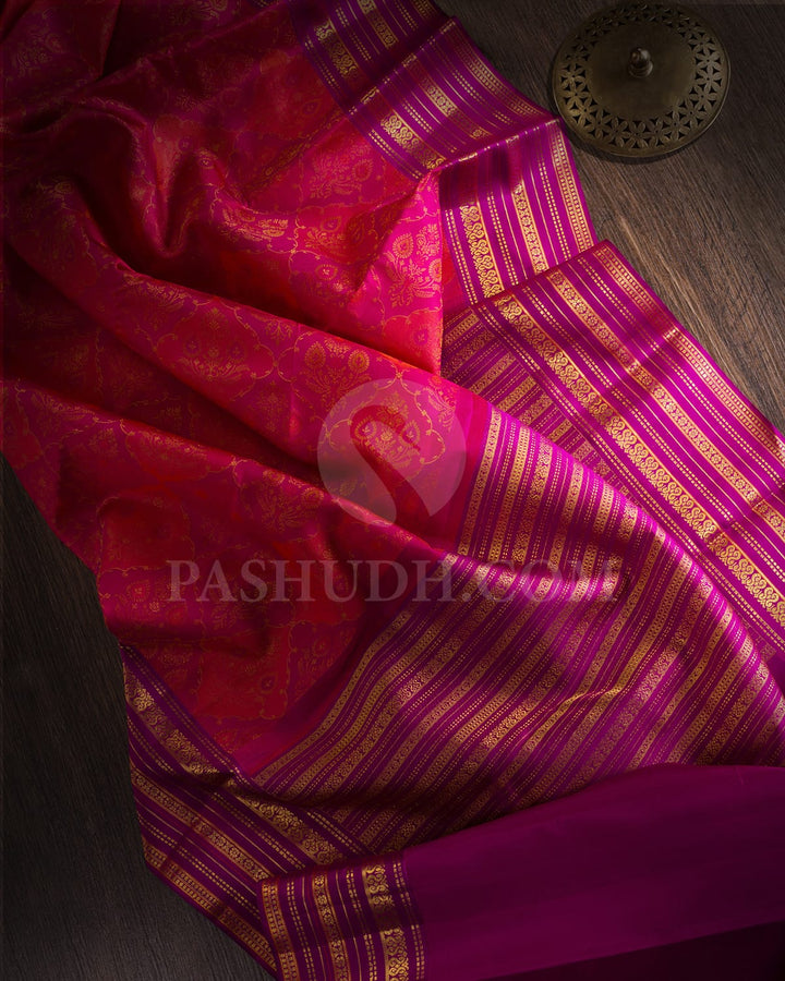 Orange, Rani Pink & Magenta Kanjivaram Silk Saree-D627(A)