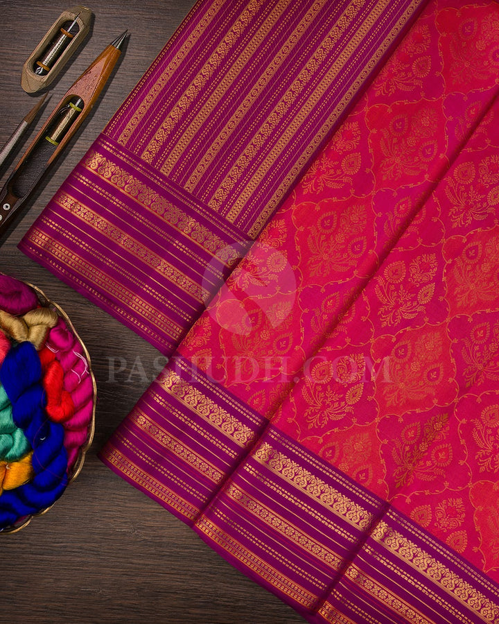 Orange, Rani Pink & Magenta Kanjivaram Silk Saree-D627(A)