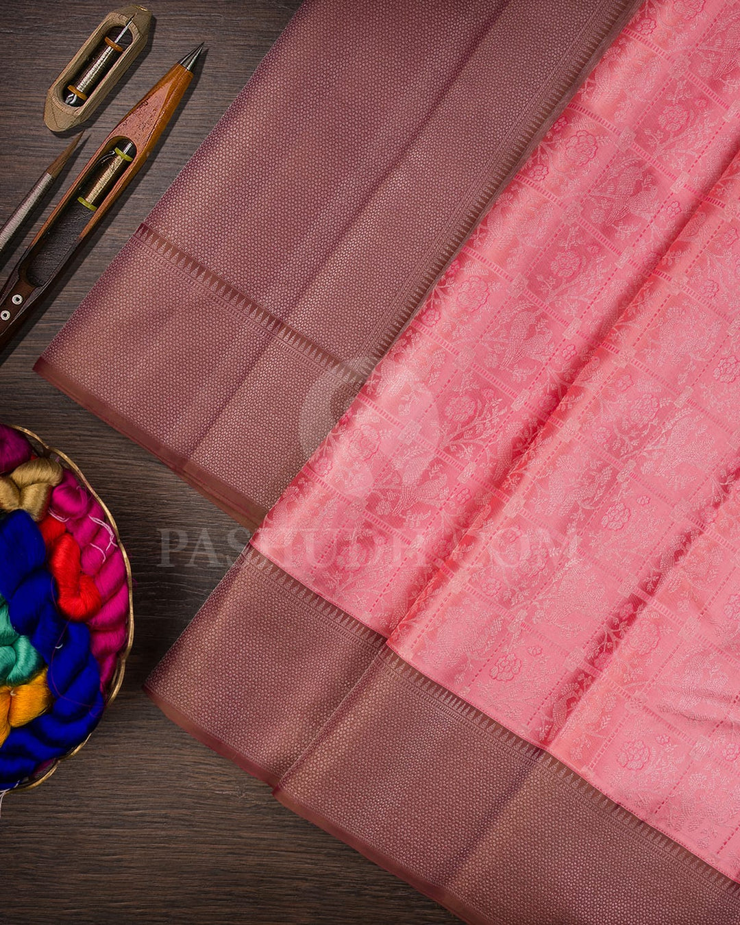 Baby Pink & Mild Chocolate Brown Kanjivaram Silk Saree-DT278(B)