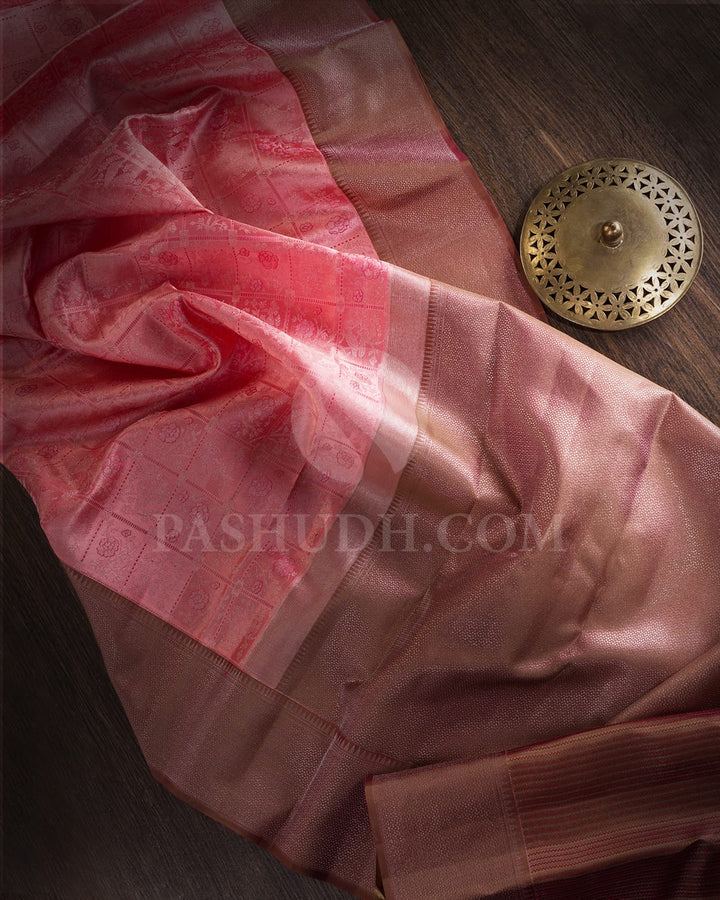 Baby Pink & Mild Chocolate Brown Kanjivaram Silk Saree-DT278(B)