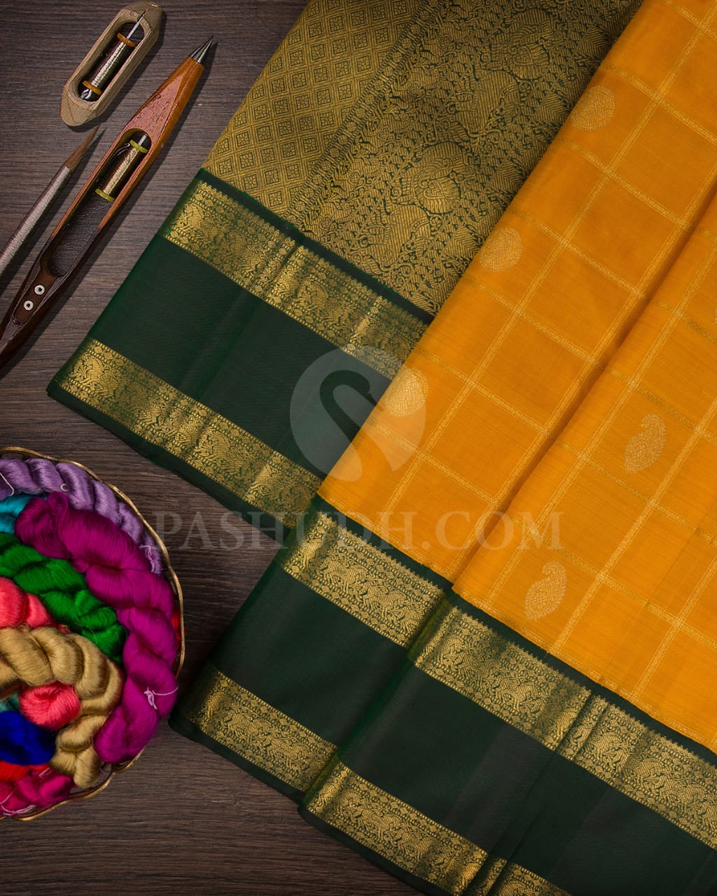 Yellow With Bottle Green Pure Kanjivaram Silk Saree-SP10