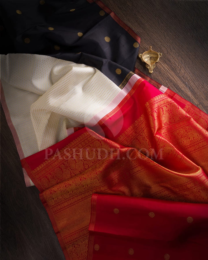 Cream & Black With Red Pure Kanjivaram Silk Saree-SP5
